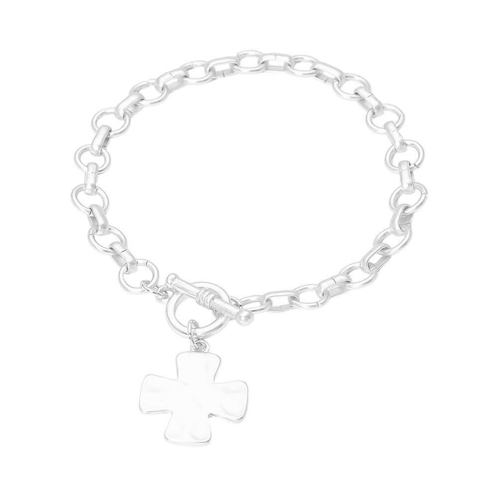 Matte Hammered Metal Cross Charm Toggle Chain Link Bracelet: Gold