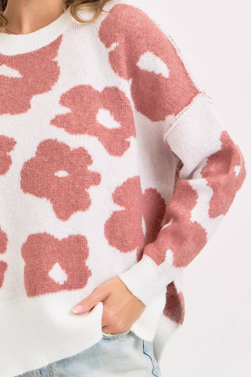 CREW NECK FLORAL LOOSE FIT SWEATER KNIT TOP: PUMPKIN PURPLE / Contemporary
