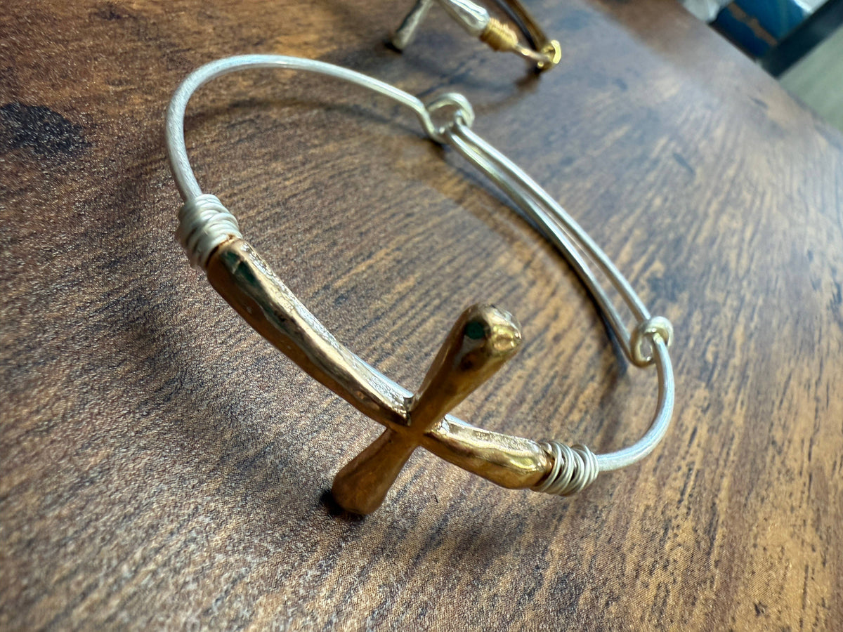 Two-tone Wire Wrapped Cross Bangle Bracelet : Gold