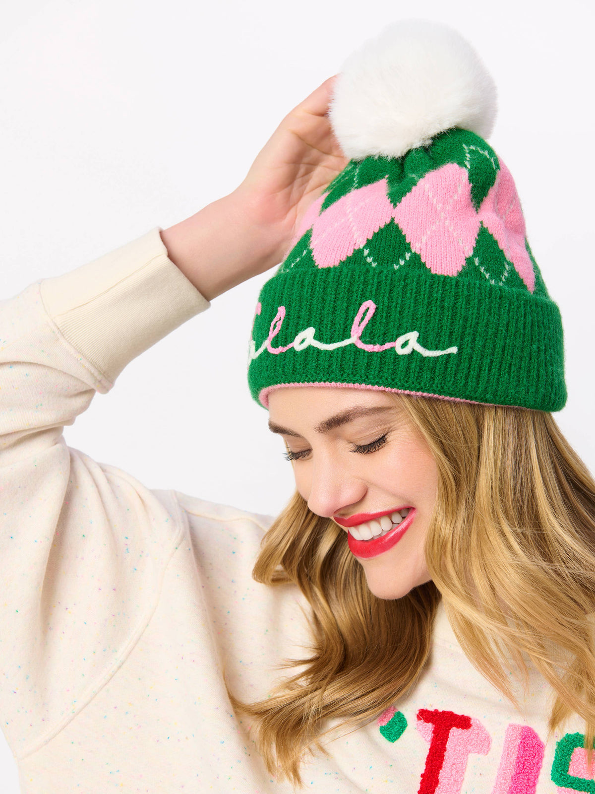 "FA LA LA" ARGYLE BEANIE, GREEN