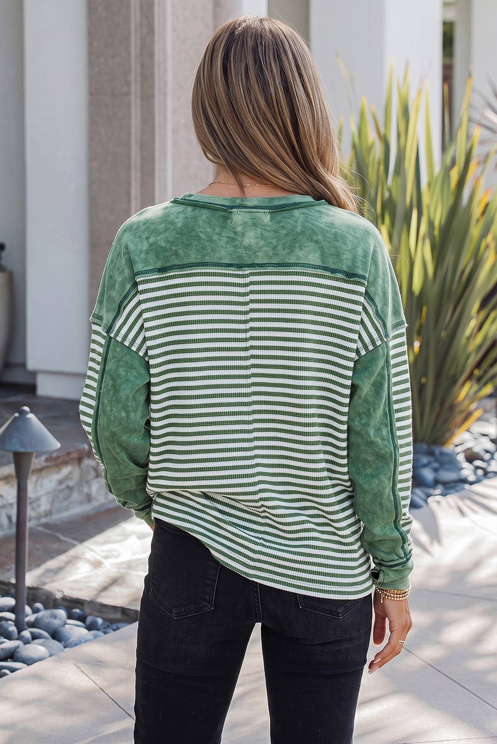 Thermal Knit Drop Shoulder Casual Top: Green Stripe
