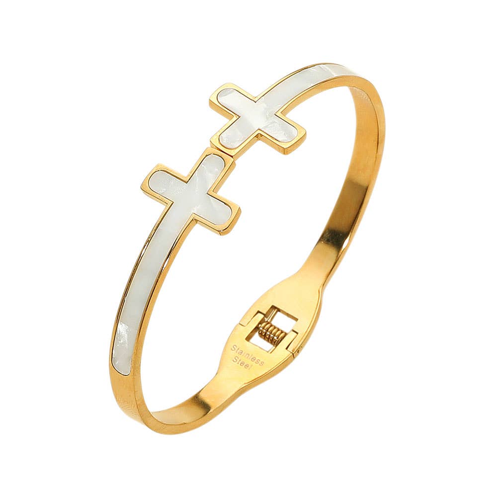 Stainless Steel Mother of Pearl Double Cross Tip Hinged Bangle Bracelet: Mother of Pearl,Silver