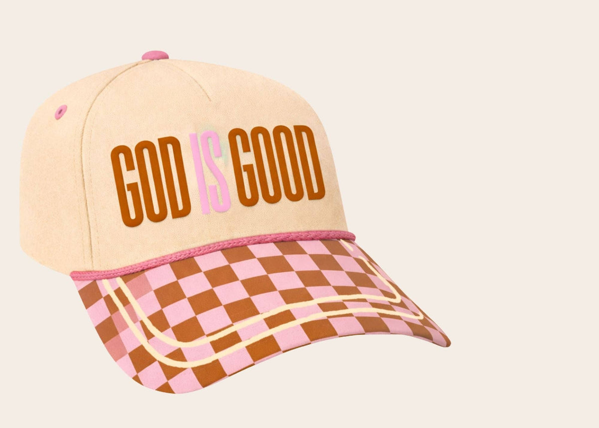 "God is Good" on Tan Hat with Checkered Bill: Tan / One Size