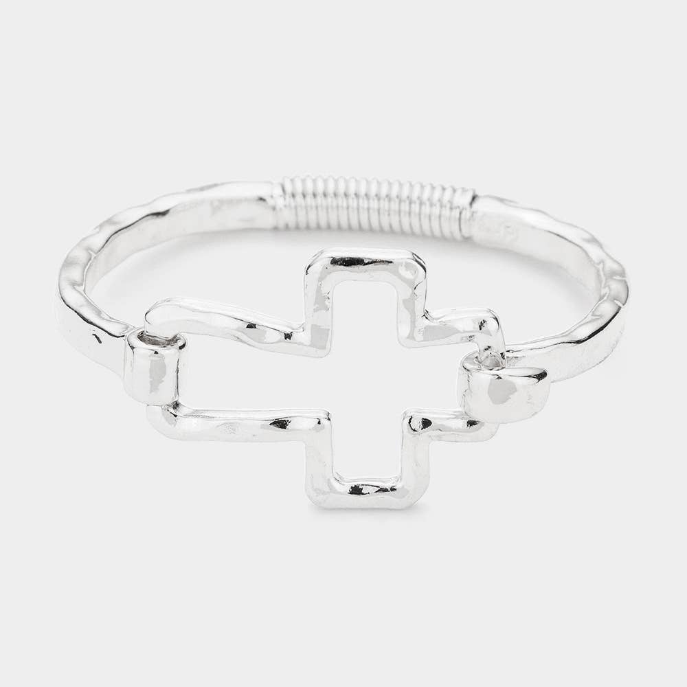 Hammered Open Metal Cross Hook Bracelet: Worn Silver