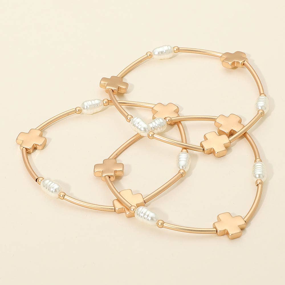 3PCS - Cross Charm Pearl Beaded Stretch Multi Layered Bracelets: Matte Silver,White