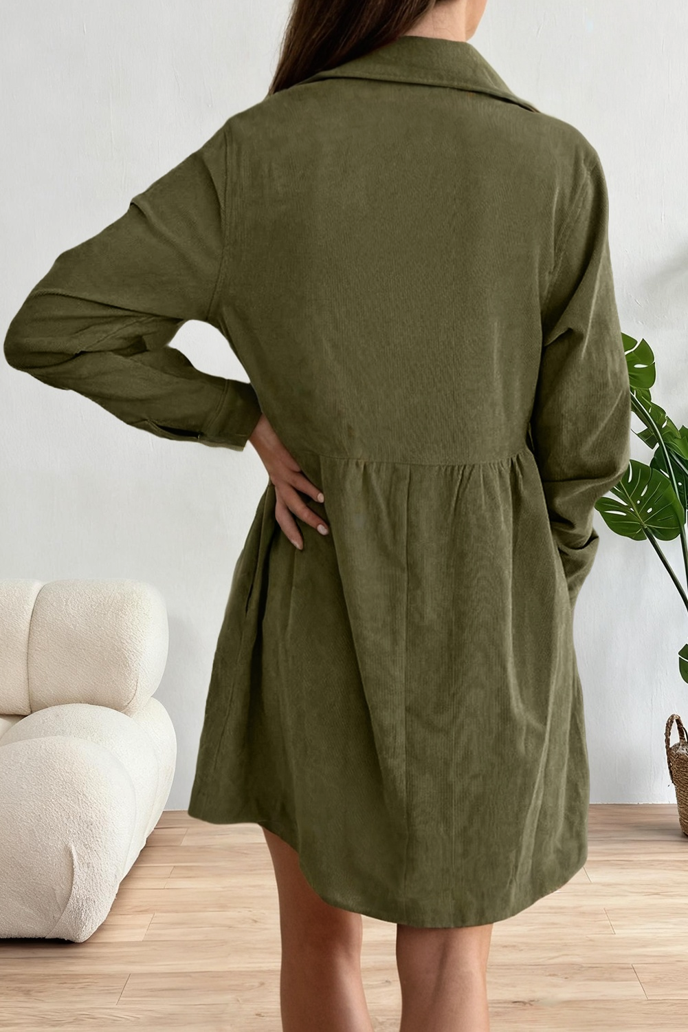 Corduroy Half Button Collared Long Sleeve Mini Fall Dress: Beige / Missy