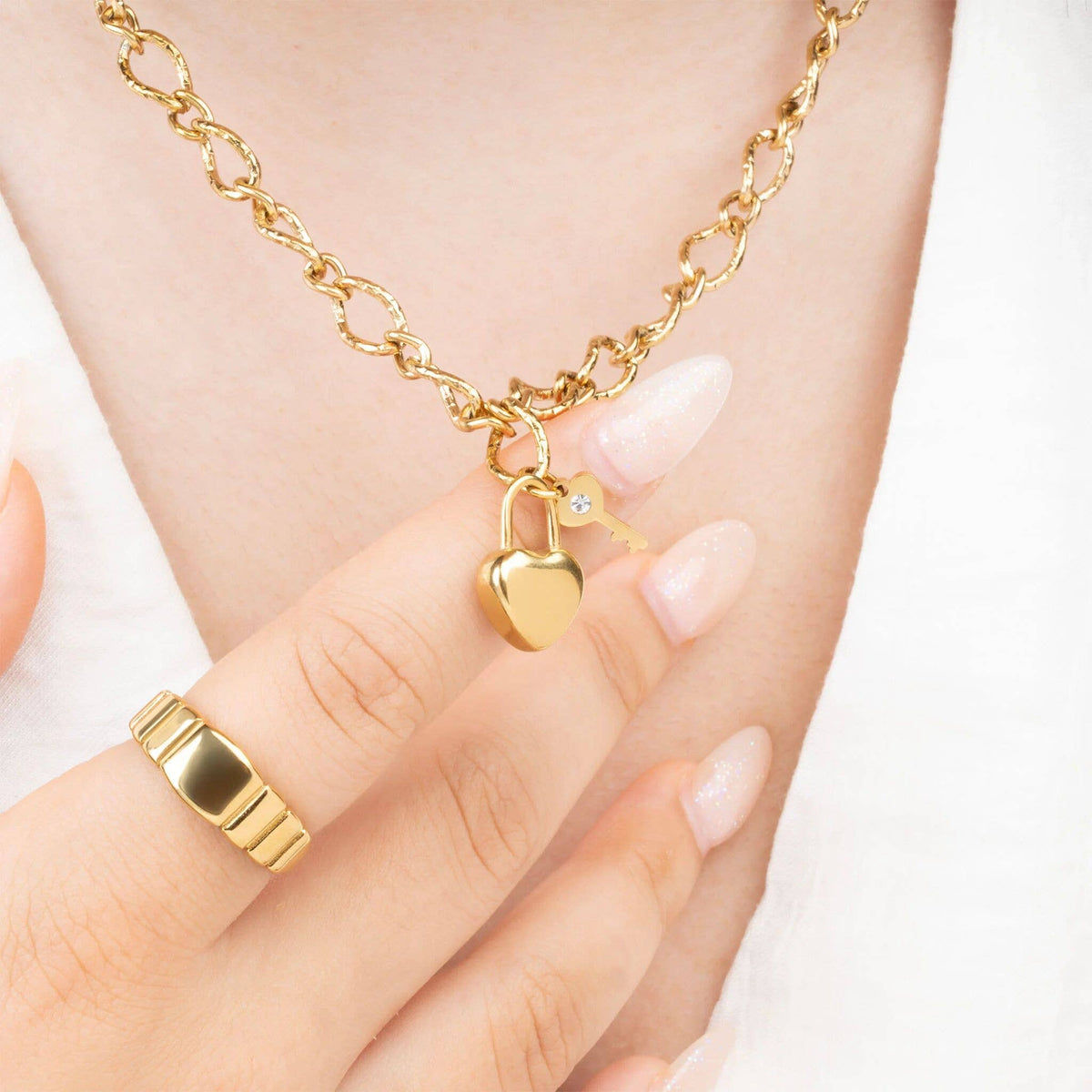 18K Gold PVD Stainless Steel Heart Lock and Key Charm: Gold