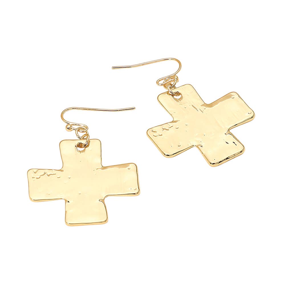 Hammered Metal Cross Dangle Earrings: Rhodium