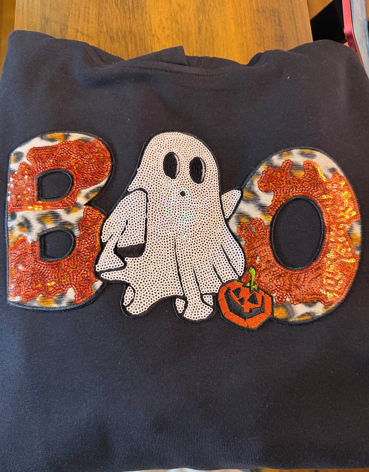 Boo chenille sequined patch on black hoodie XL
