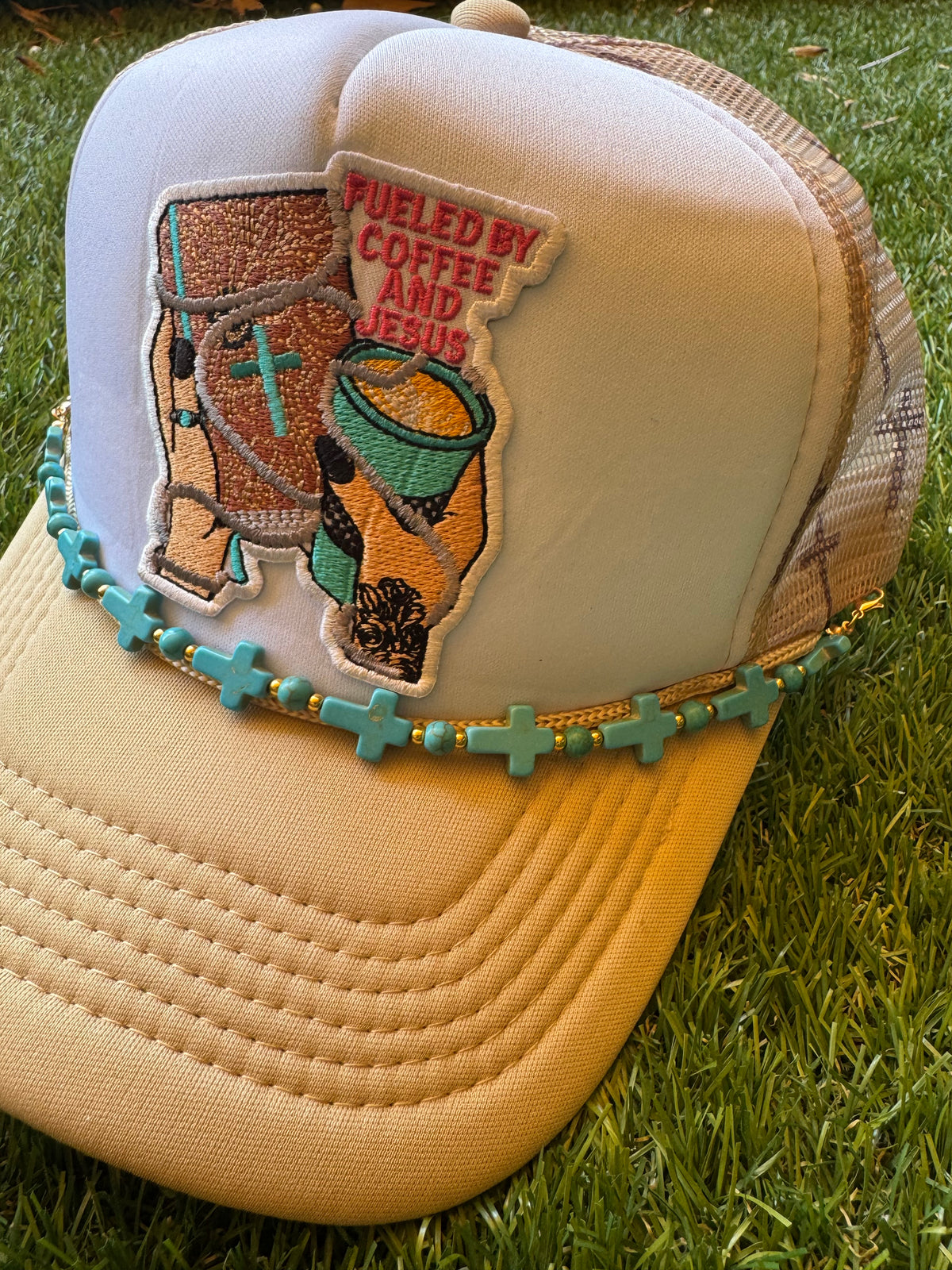 Fueled By Coffee and Jesus trucker hat with hat chain