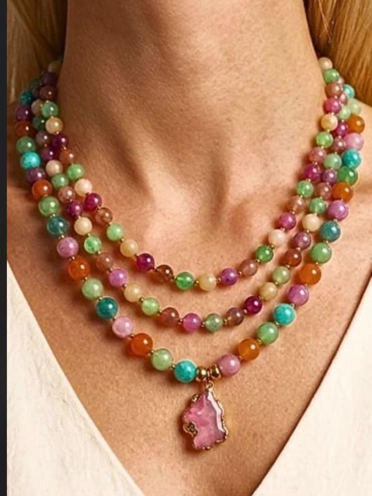 Fall Multi Colored Beaded 3-layer Necklace with agate pendant