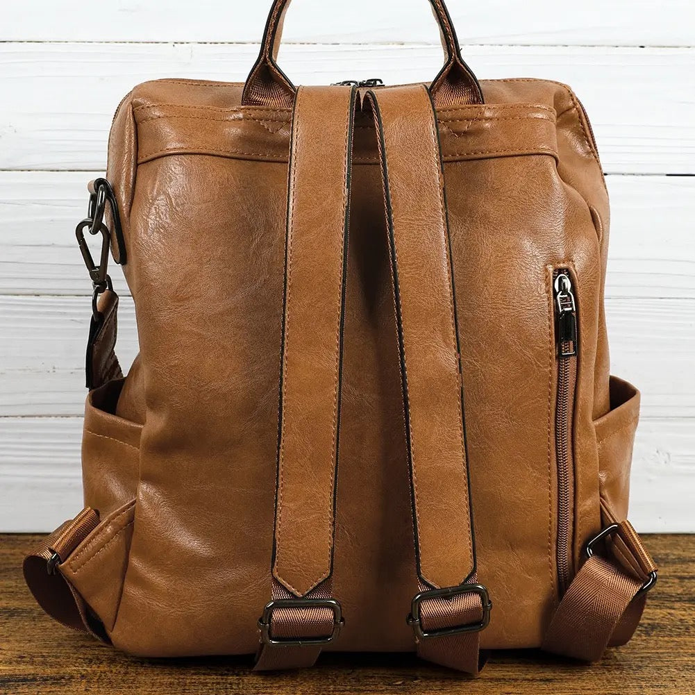 Camel Embroidered Strap Attached Large PU Leather backpack