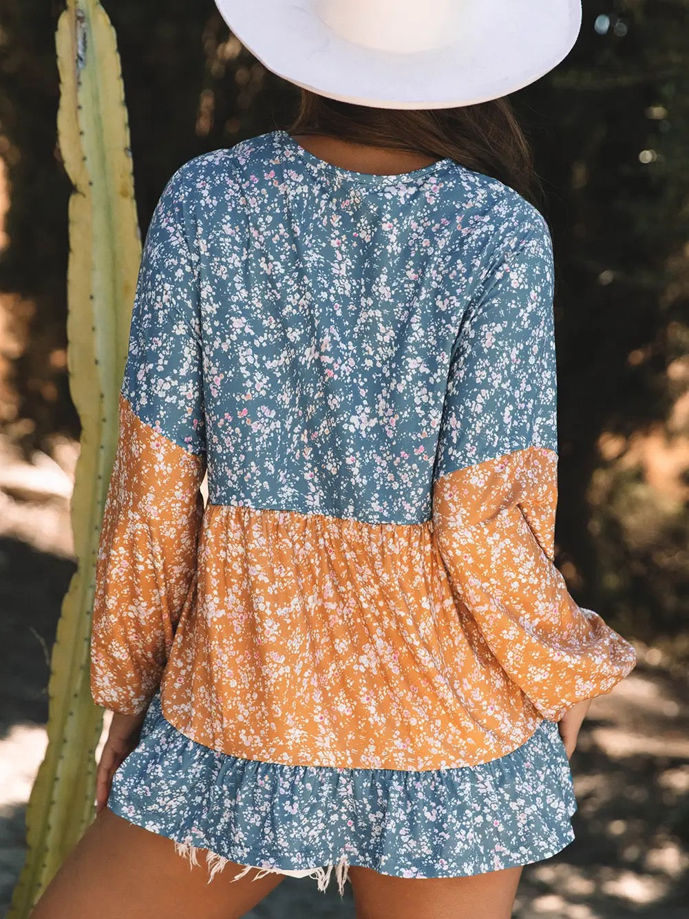 Orange Floral Color Block Patchwork Ruffled Hem Round Neck Blouse