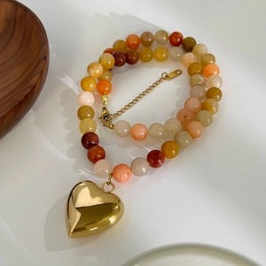 Natural Stone Beaded Necklace With Polished Stainless Steel Heart Pendant Gold Plated Colorful Boho Jewelry