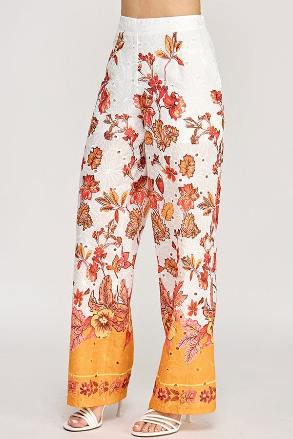 Women's elastic waist eyelet floral wide leg pants