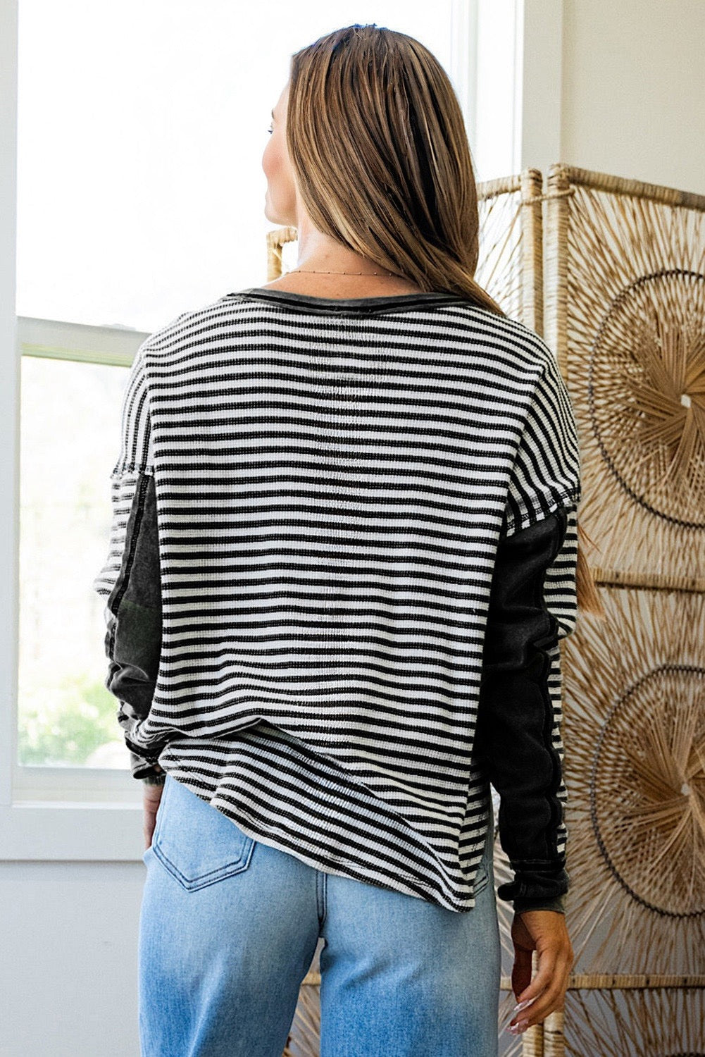 Black Stripe Thermal Knit Drop Shoulder Casual Top