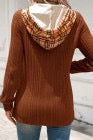 Chestnut Plaid Patchwork Ribbed Knit Drawstring Hooded Top