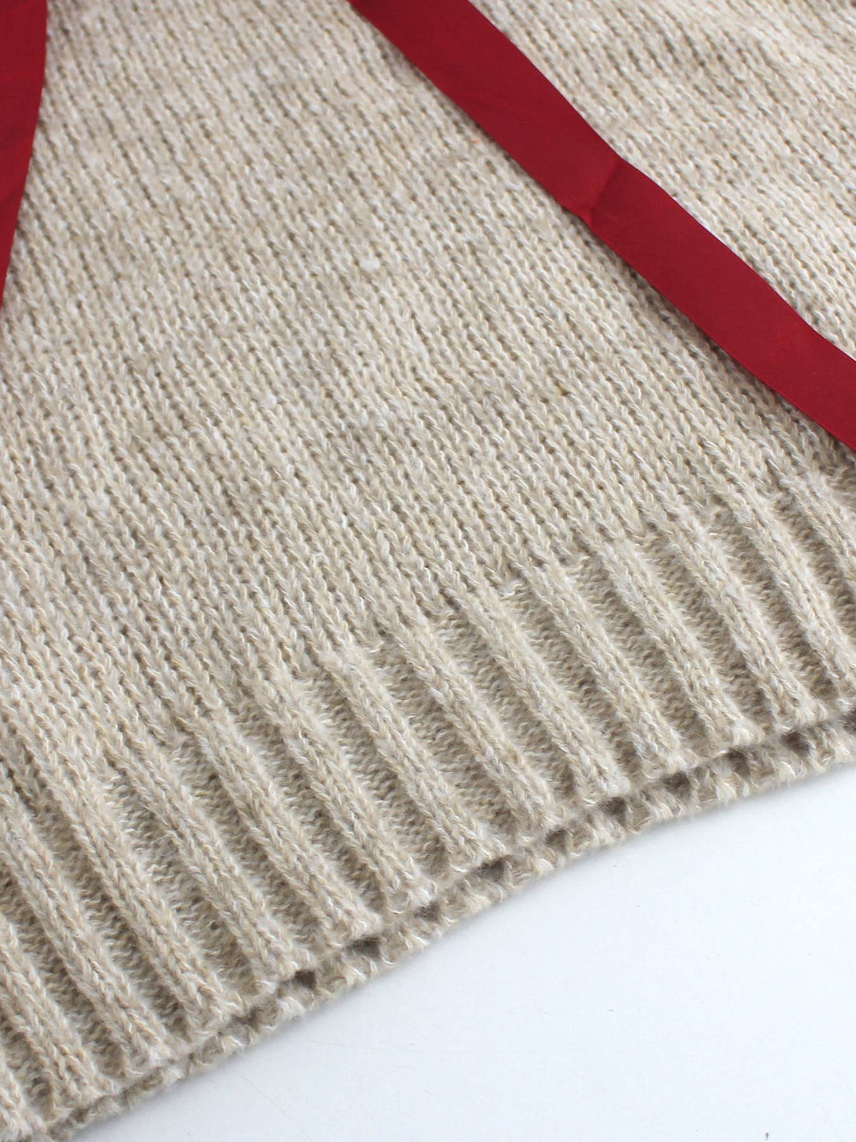 V-Neck Red Ribbon Lace-Up Ribbed Knit Pullover Sweater: Khaki