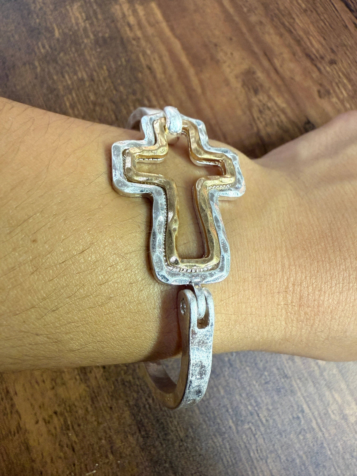 Beautiful Mixed Metal Cross Cuff Bracelet Gold OR Silver: Yellow Gold