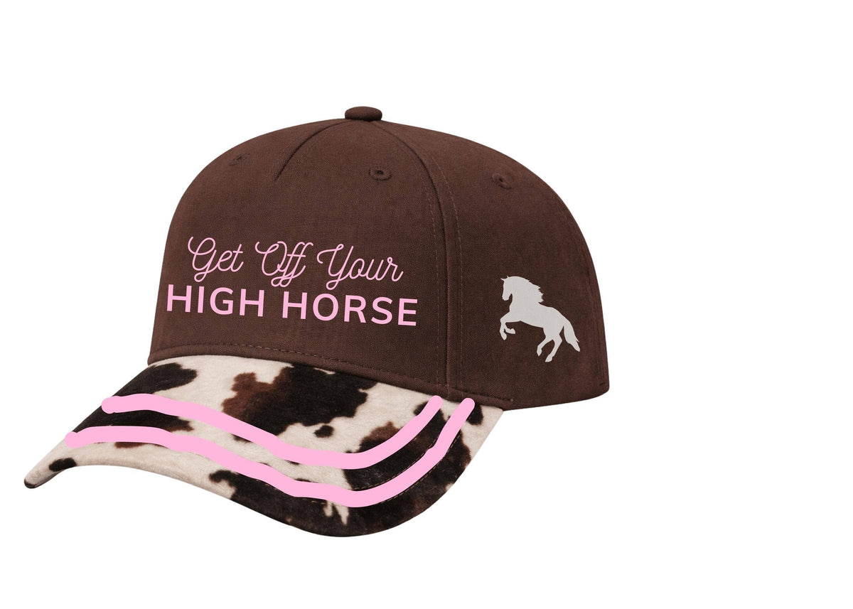 "Get Off Your High Horse" on Brown Hat with Cow Print: Brown / One Size