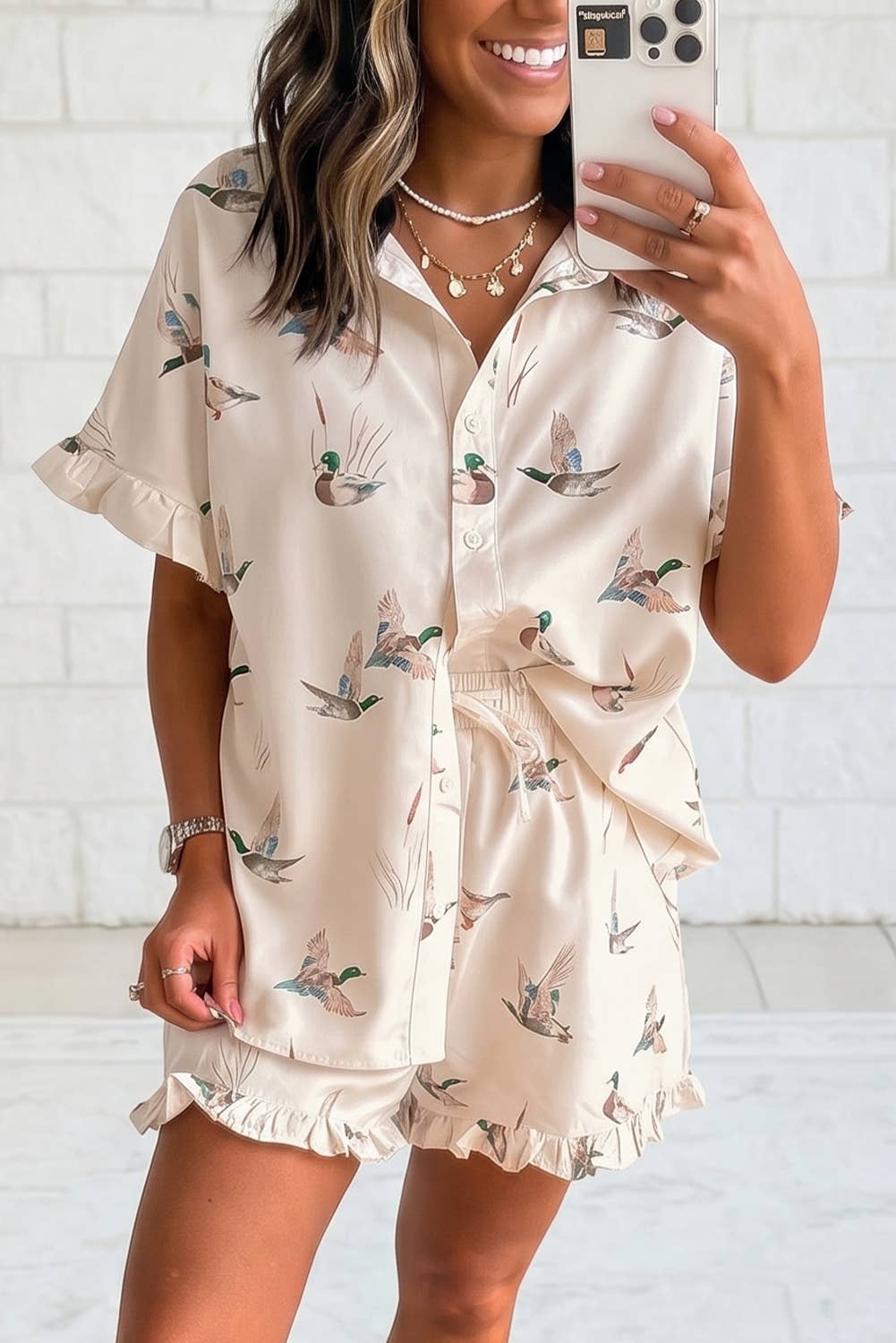 Mallard Print Ruffle 2 Pcs Sleepwear Set: Beige / XL
