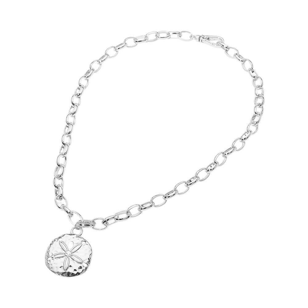 Hammered Metal Sand Dollar Pendant Chunky Chain Necklace: Gold