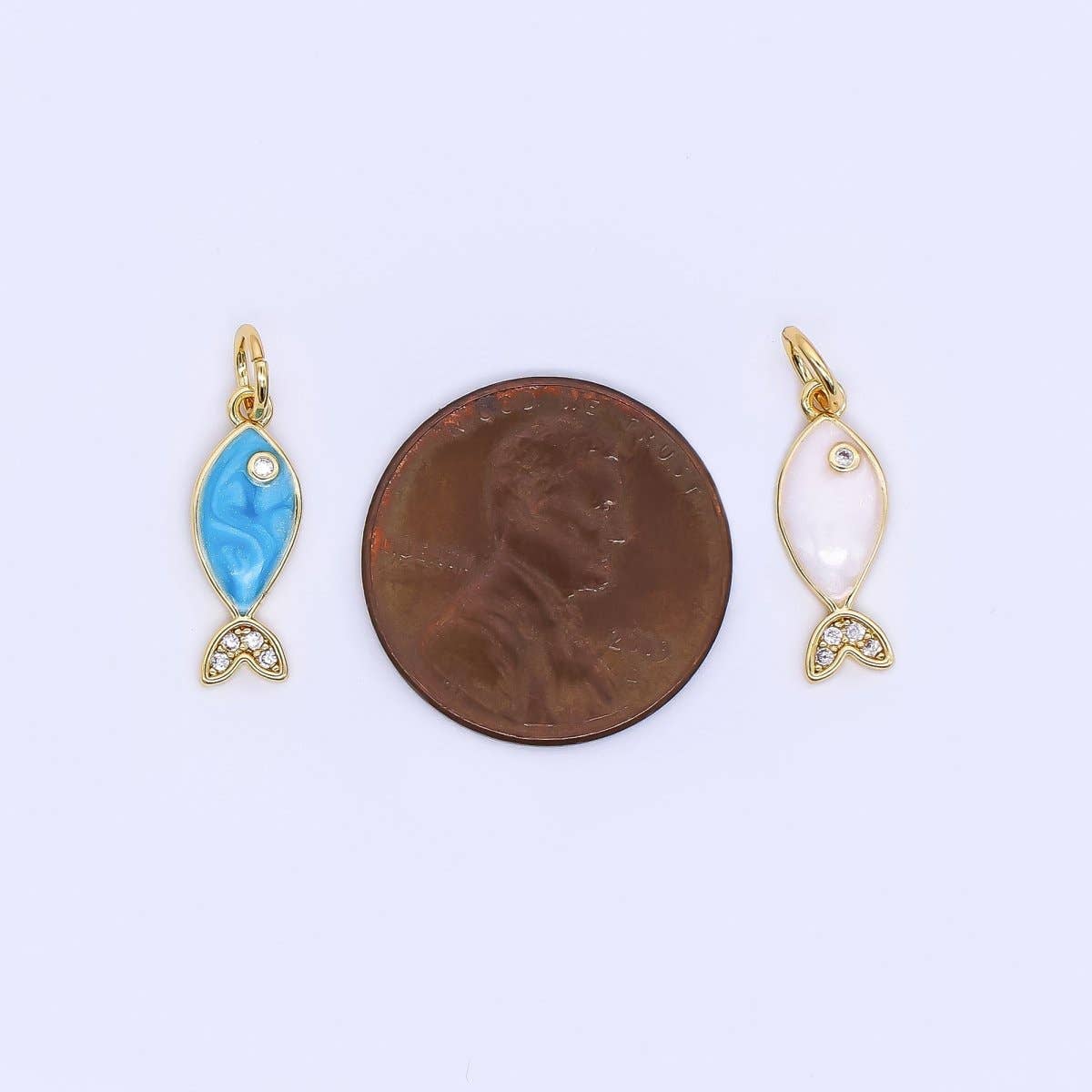 24K Gold Filled 16mm Micro Paved CZ Ocean Tiny Fish Enamel Charm | W167: Blue
