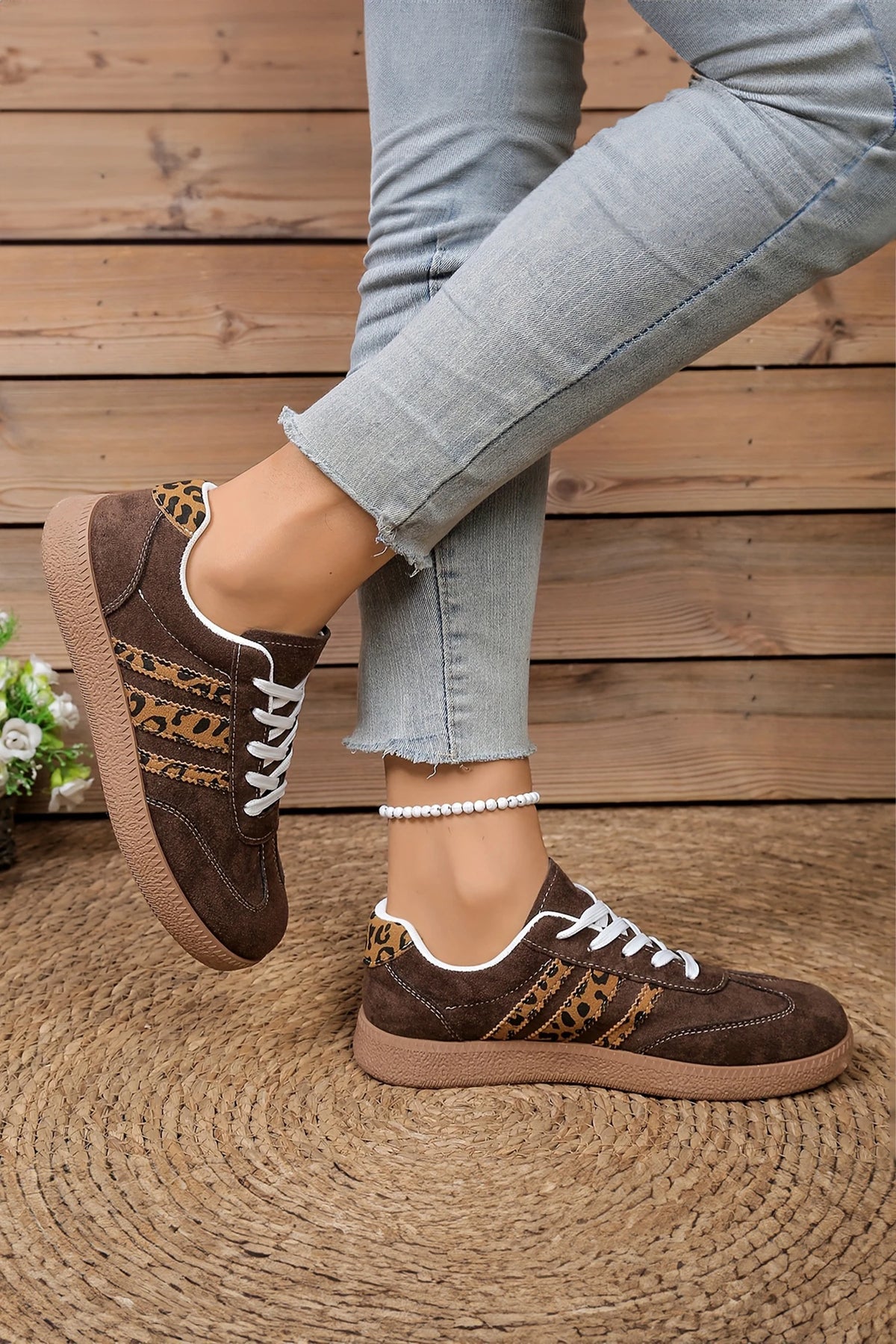 Coffee Faux Suede Leopard Print Sleek Leather Detail Lace Up Sneakers