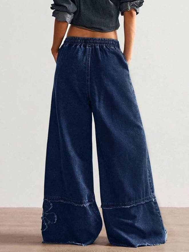 Western Boho Vintage Floral Drawstring Seamed Jeans: DarkBlue