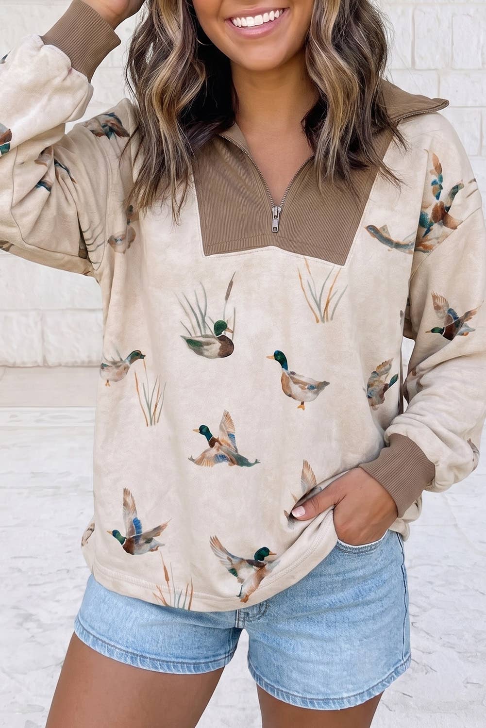 Mallard Duck Print Patchwork Half Zip Hoodie: Beige