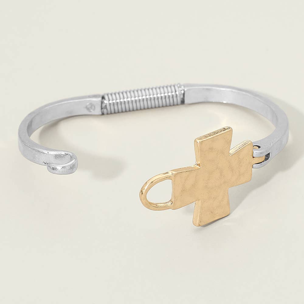 Hammered Metal Cross Accent Hinged Bangle Bracelet: Worn Gold