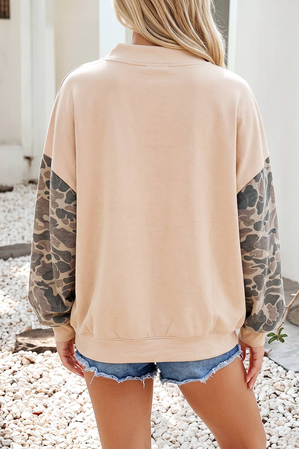 Camo Colorblock Contrast Trim Oversized Sweatshirt: Beige
