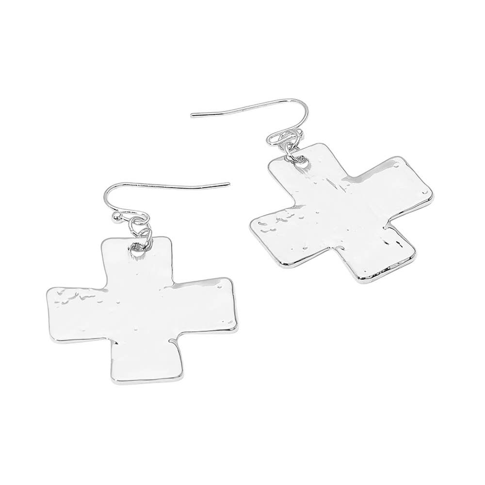 Hammered Metal Cross Dangle Earrings: Gold