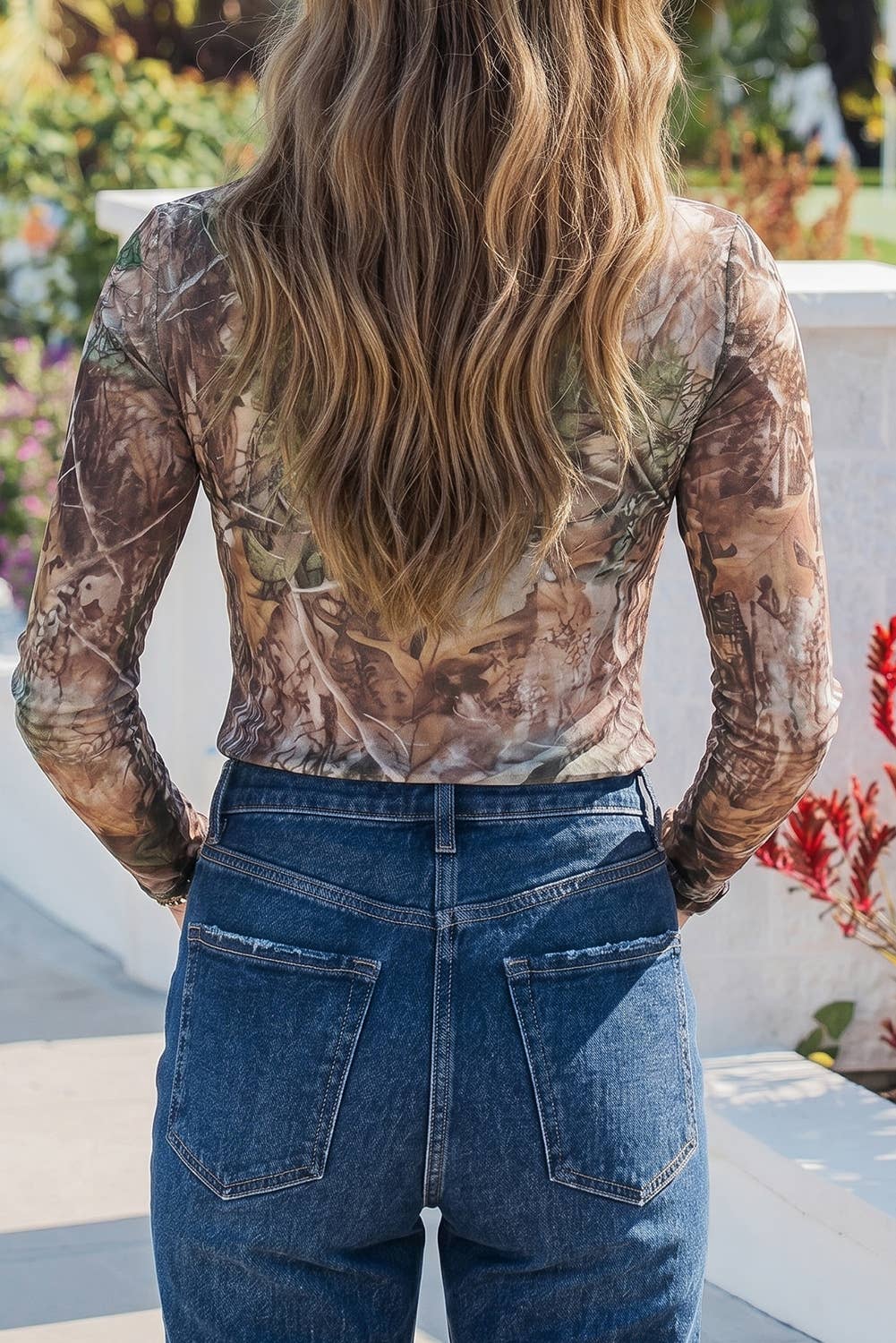 Western Camo Print Slim Fit Mesh Long Sleeve Mock Neck Top: Smoke Gray
