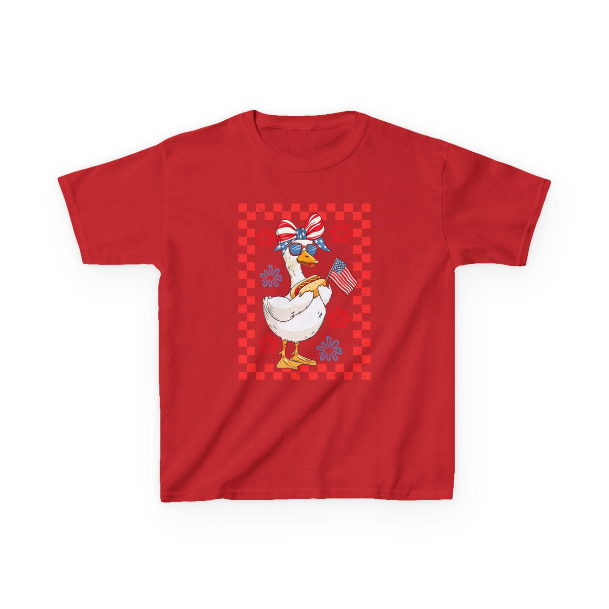 Patriotic Duck Holding Flag Kids Tee | Red Checkered Border, Sunglasses