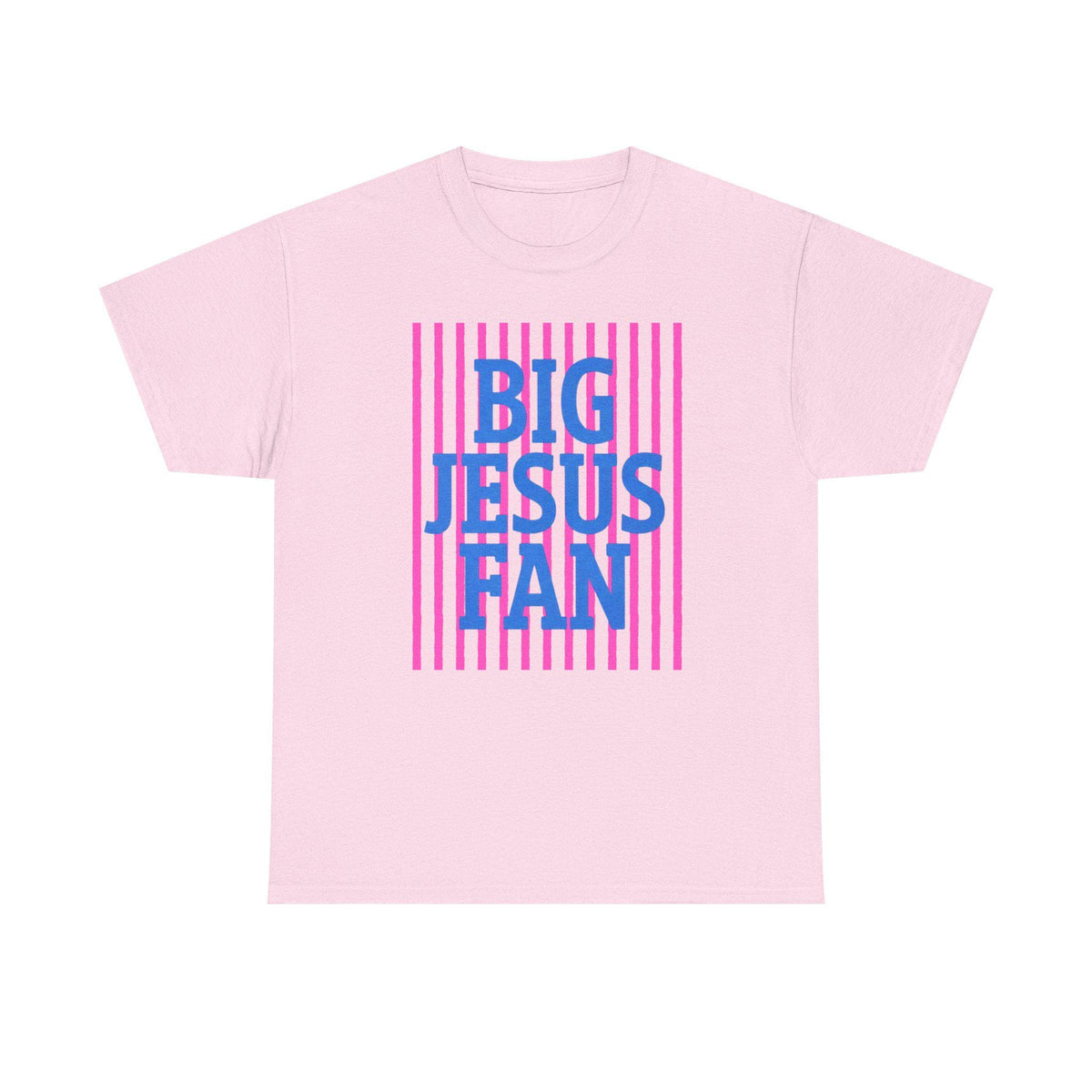 Big Jesus Fan Tee | Blue Text Pink Stripes Christian Faith Shirt