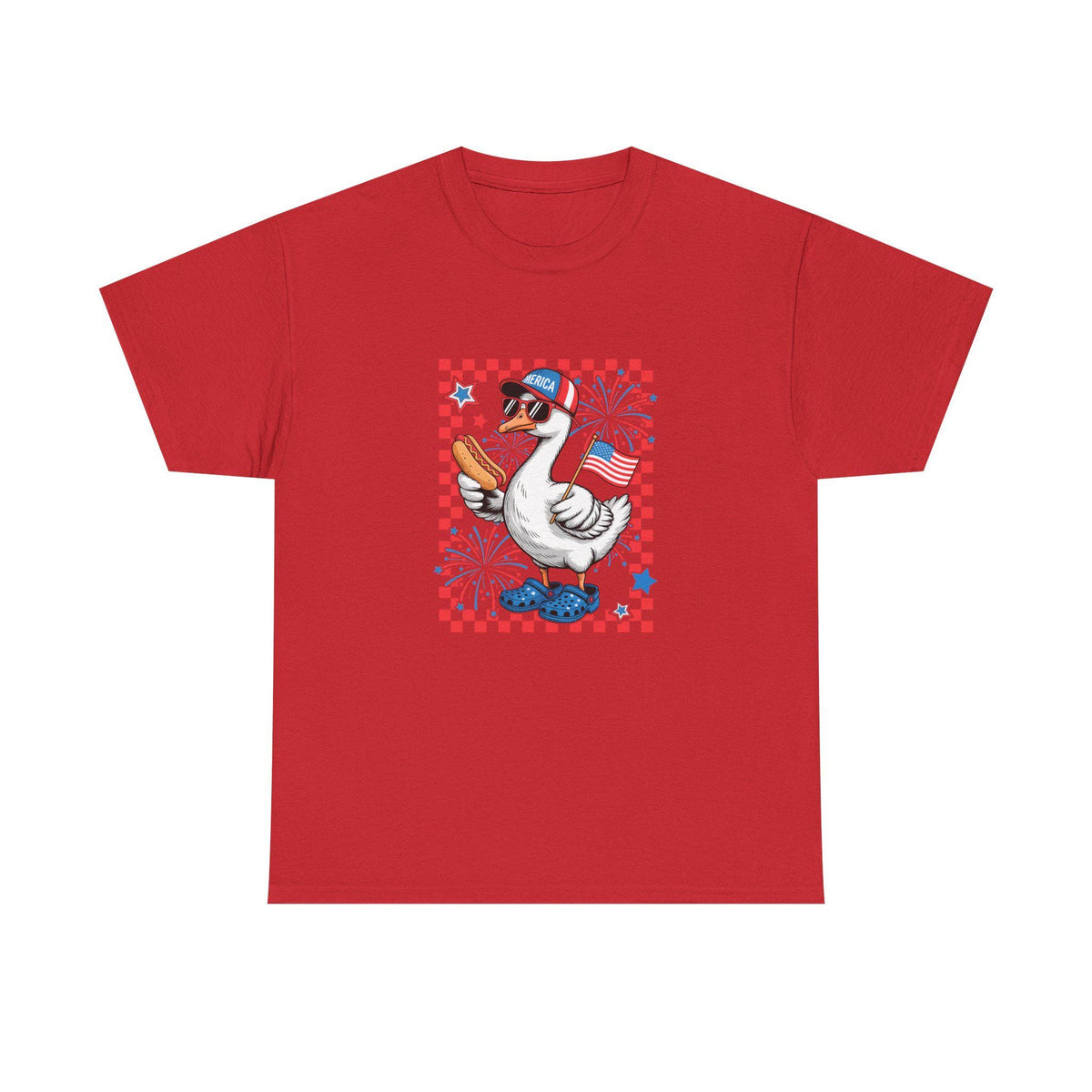 Patriotic Goose Holding Hotdog T-Shirt | American Flag Checkered Design