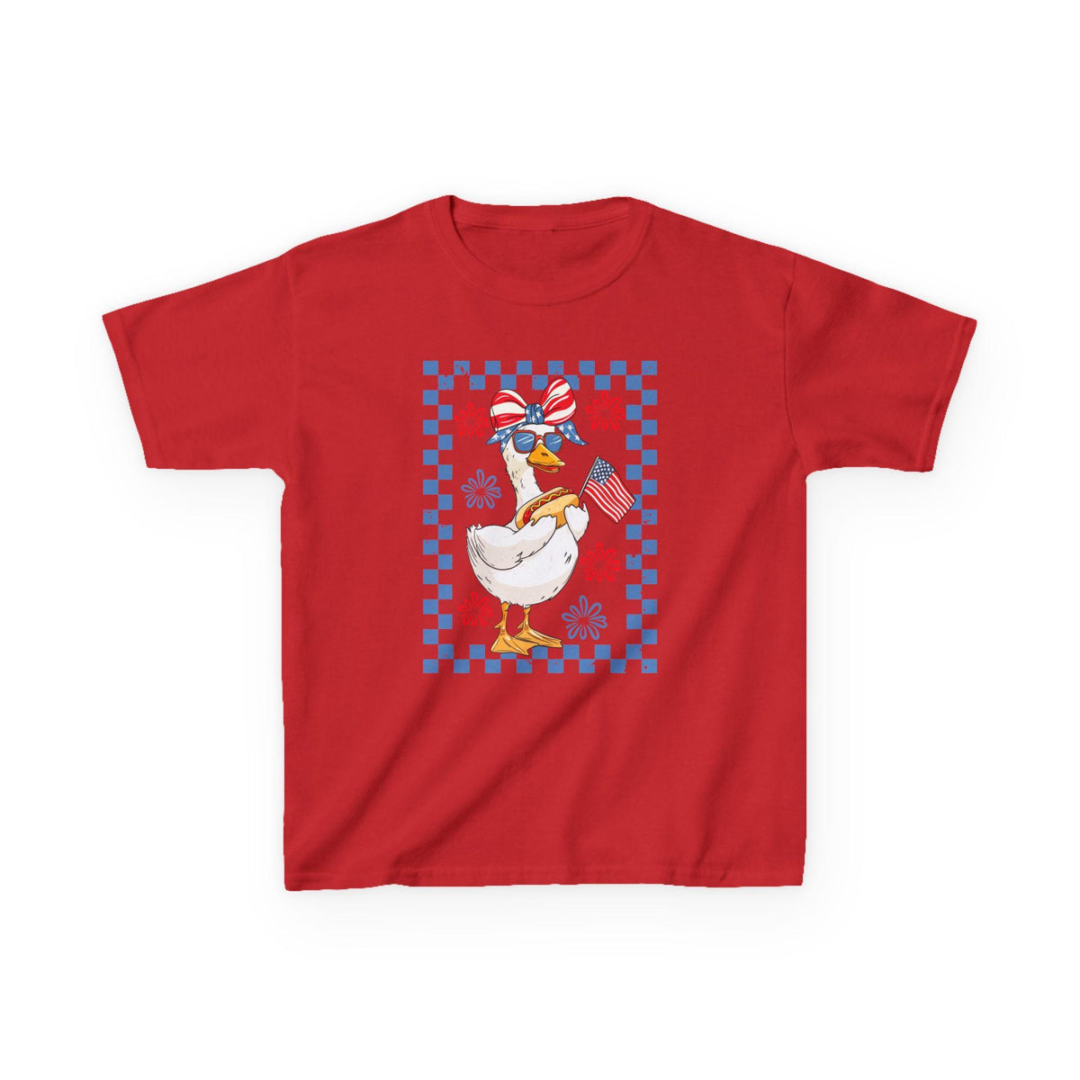 Patriotic Duck Kids Tee | American Flag Bandana, Checkered Quilt Border