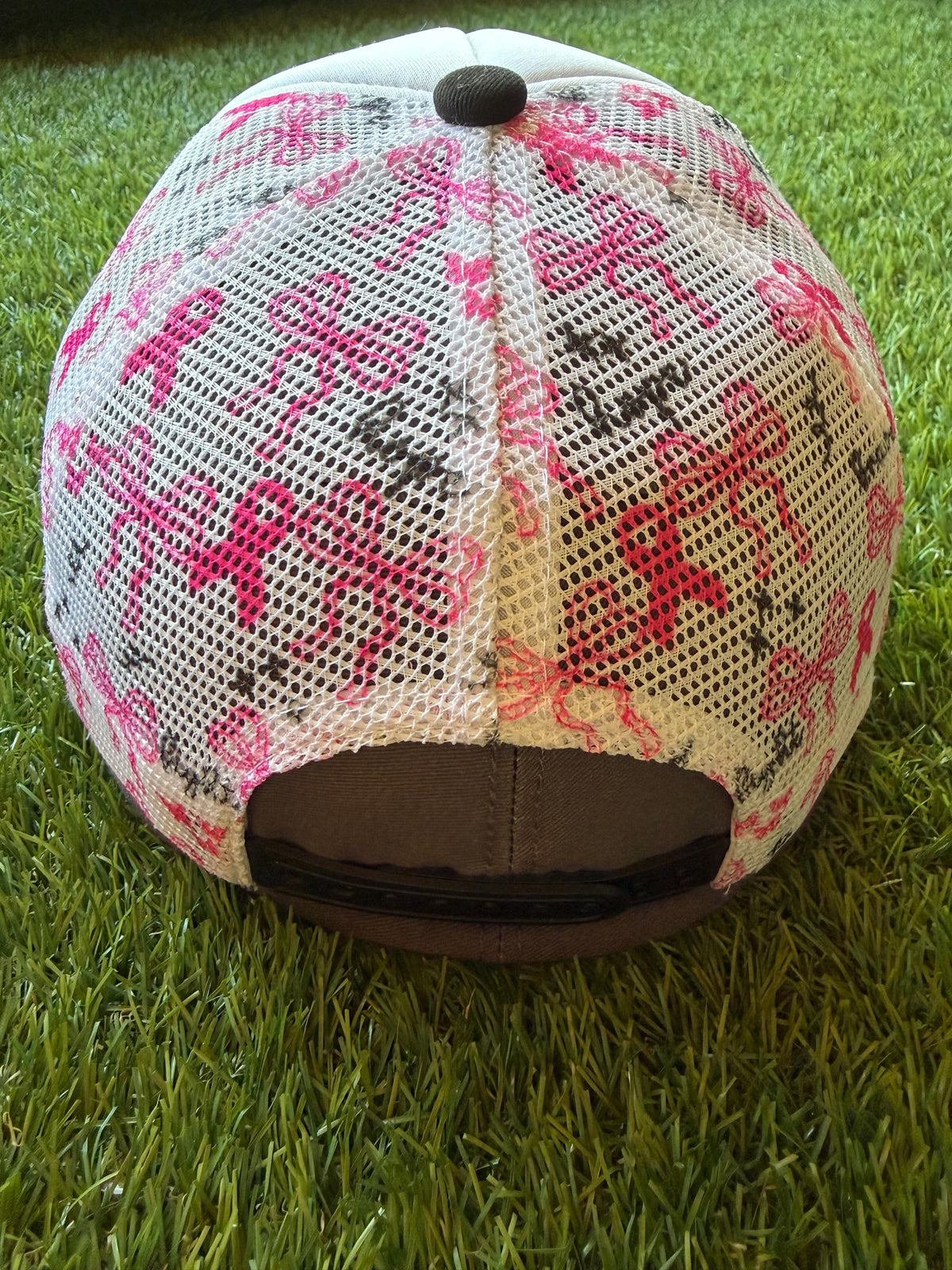 Fight Believe Hope Survive breast cancer awareness custom mesh trucker hat with pink ribbon detailing on the mesh