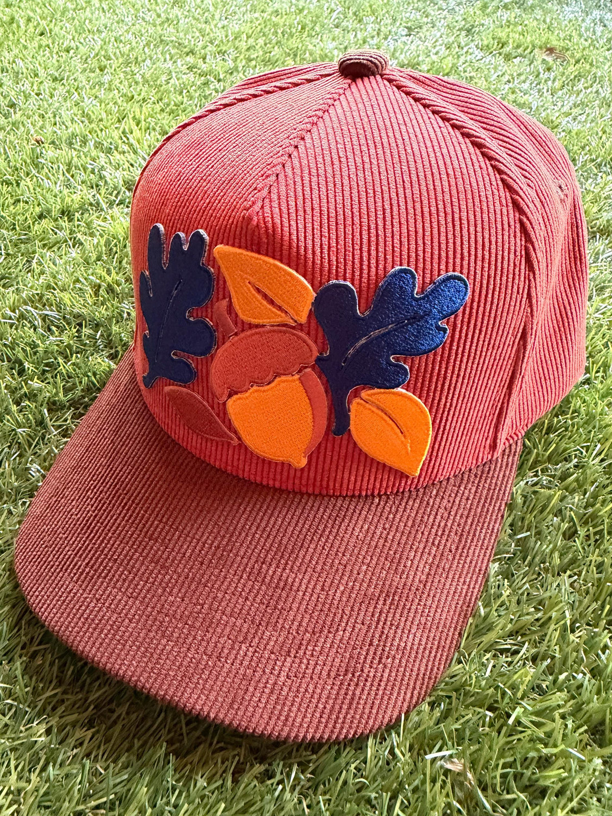 FALL inspired acorn and leaves embroidered patch on custom corduroy trucker hat