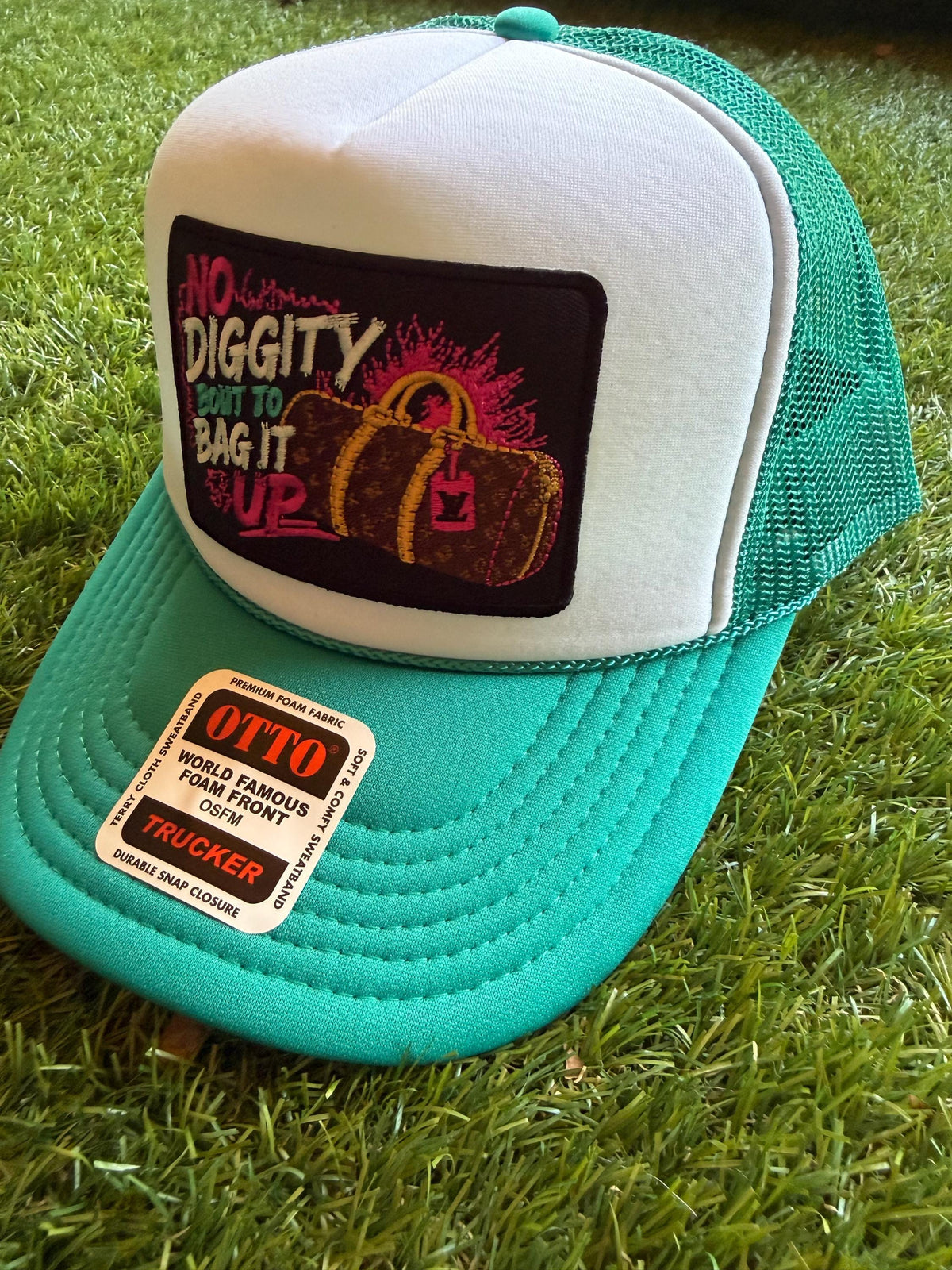 No DIggty Bout To Bag It Up embroidered patch on custom mesh trucker hat
