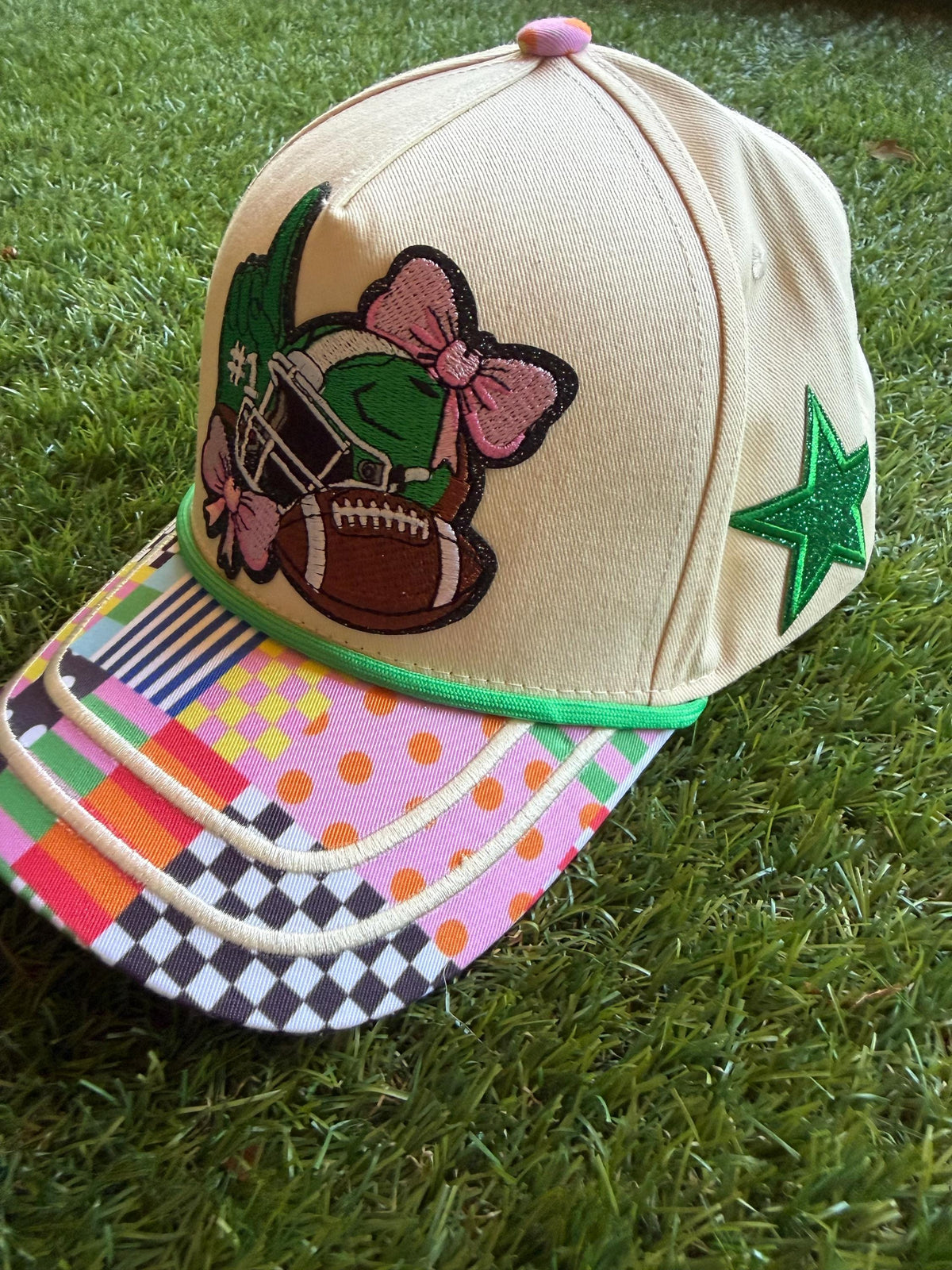 Girlie Football Themed embroidered patch on a custom canvas trucker hat with cute brim