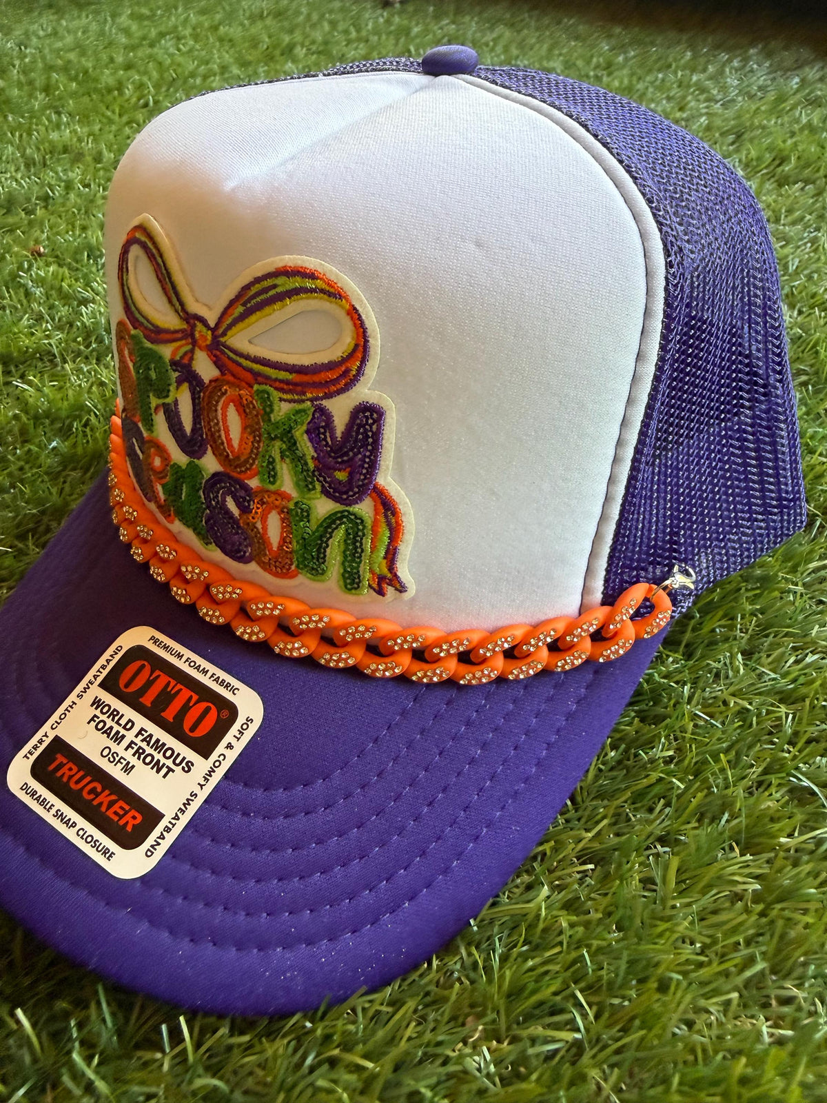 Spooky Season sequined patch on custom mesh trucker hat with hat chain