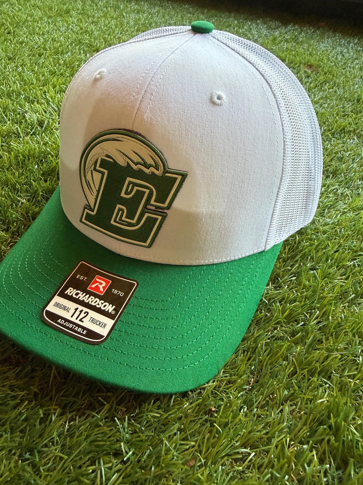 EASLEY GREENWAVE leather patch on custom Richardson 112 trucker hat beige/green