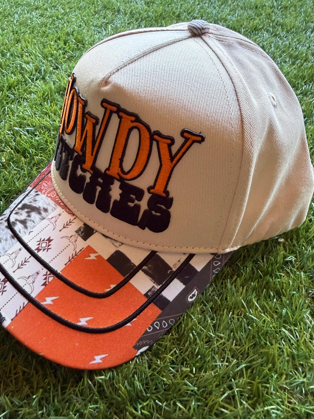 HOWDY WITCHES on custom canvas trucker hat with a western theme brim