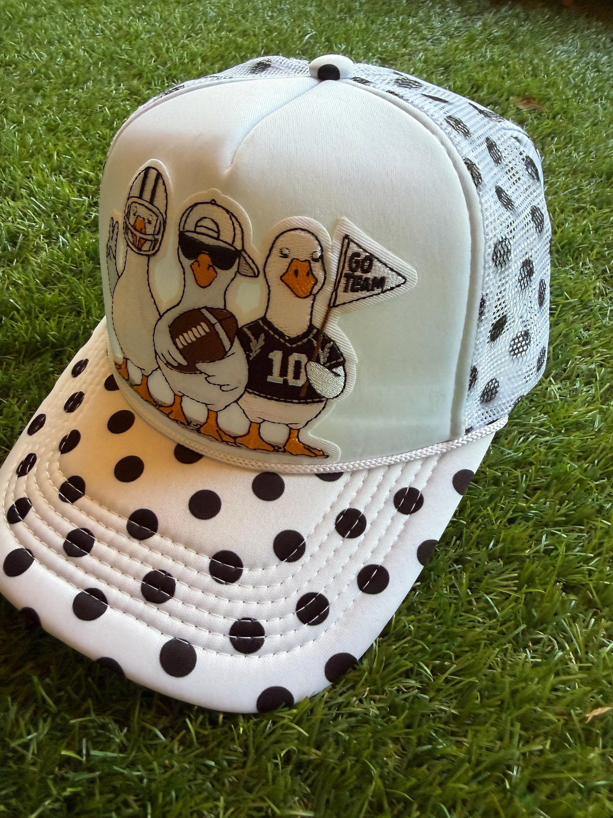 Football Goose Theme on custom mesh trucker with black polka dot