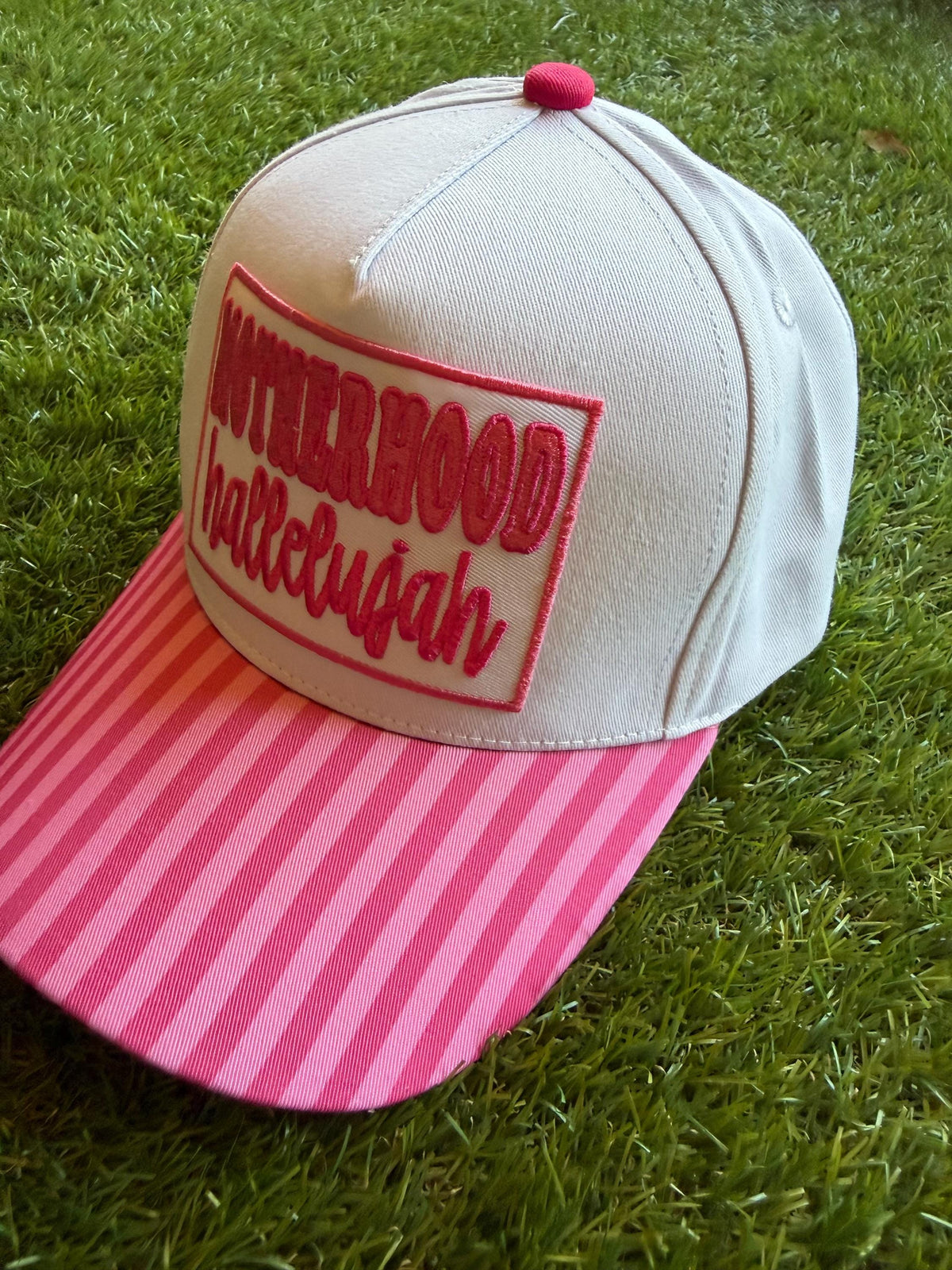 Motherhood Hallelujah embroidered patch on custom canvas trucker hat