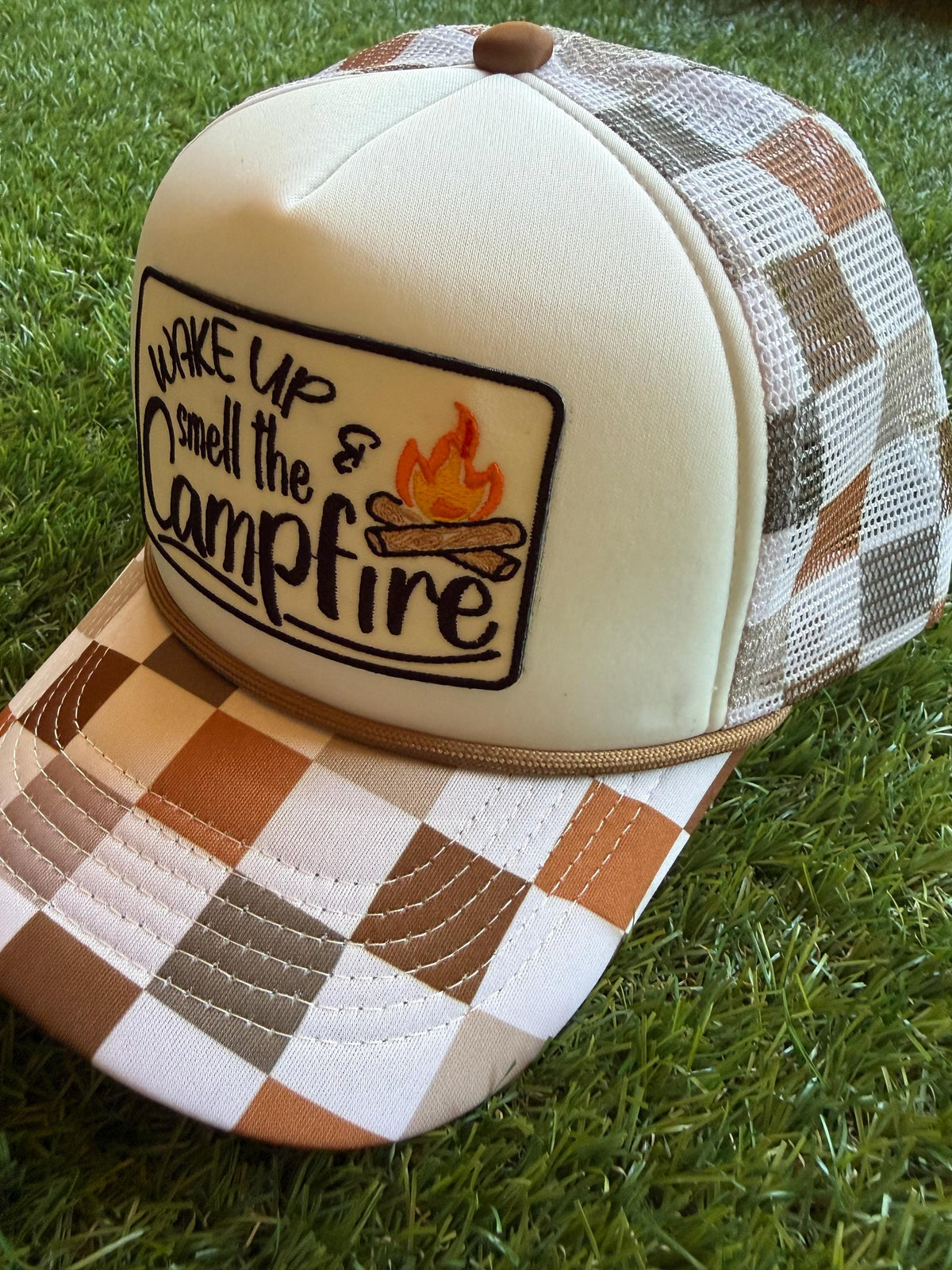 Wake Up Smell The Campfire embroidered patch on custom mesh trucker hat