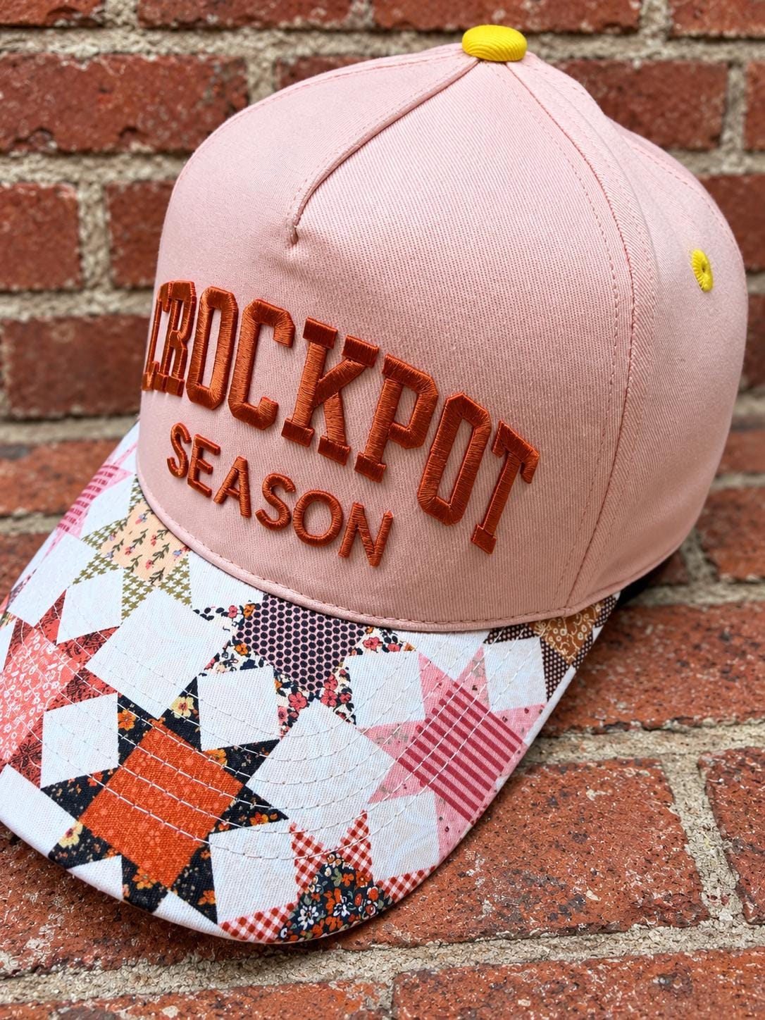 Crockpot Season on custom canvas trucker hat with patchwork design on brim