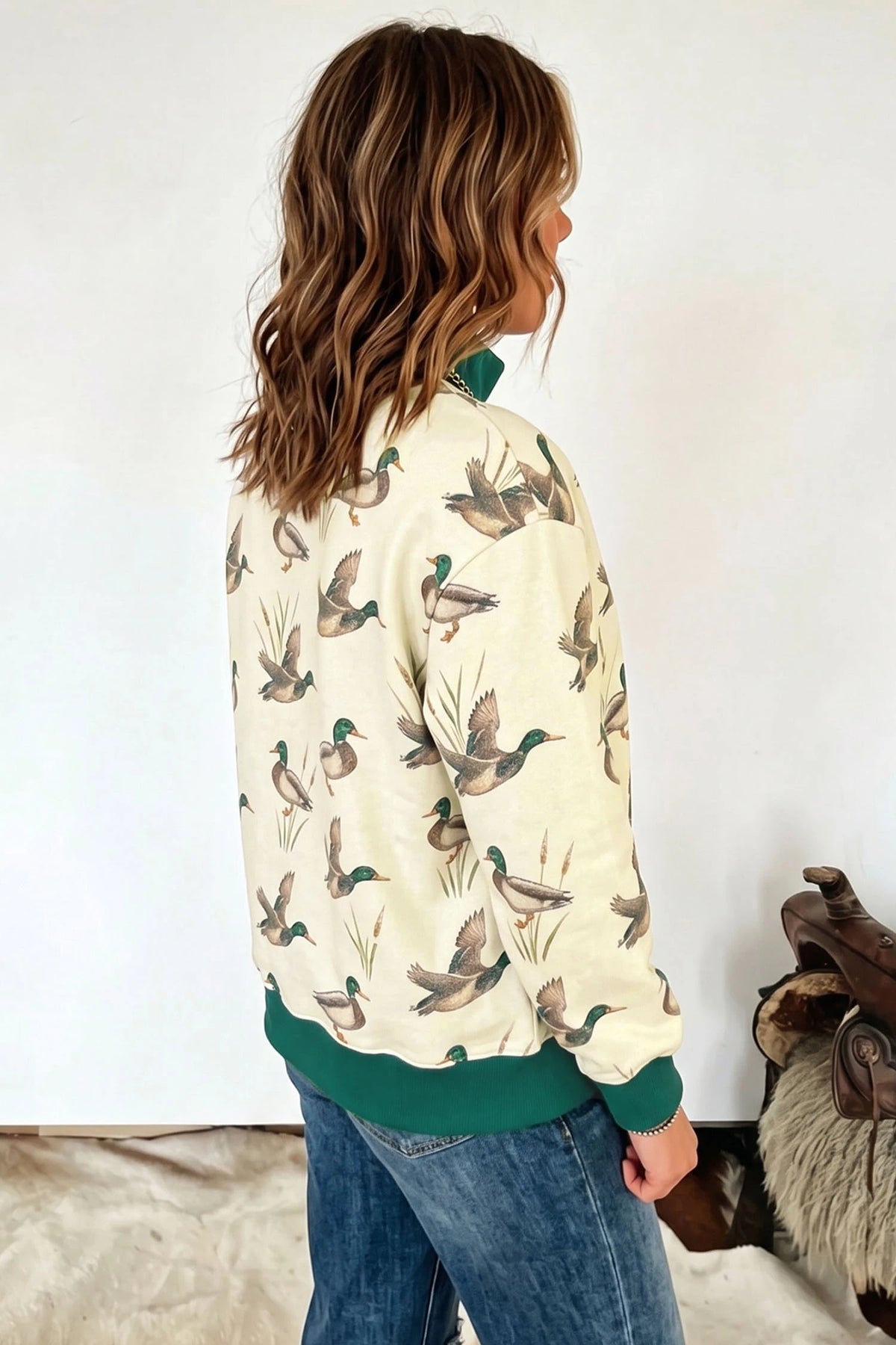 Multicolour Mallard Print Patchwork Colorblock High Neck Sweatshirt